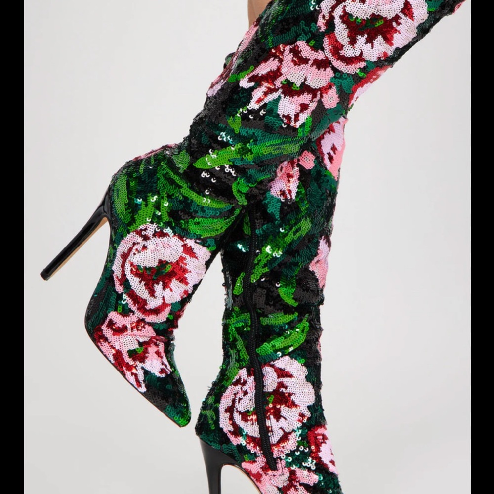 Fashion Nova Floral Sequin Heeled Boots